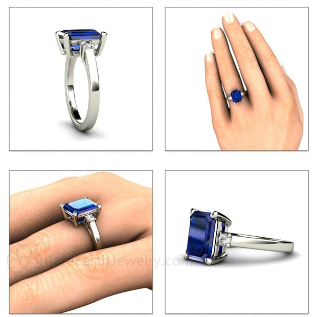 Emerald Cut Blue Sapphire Ring 3 Stone Engagement with Diamonds - Platinum - Blue - Emerald Octagon - Sapphire - Rare Earth Jewelry