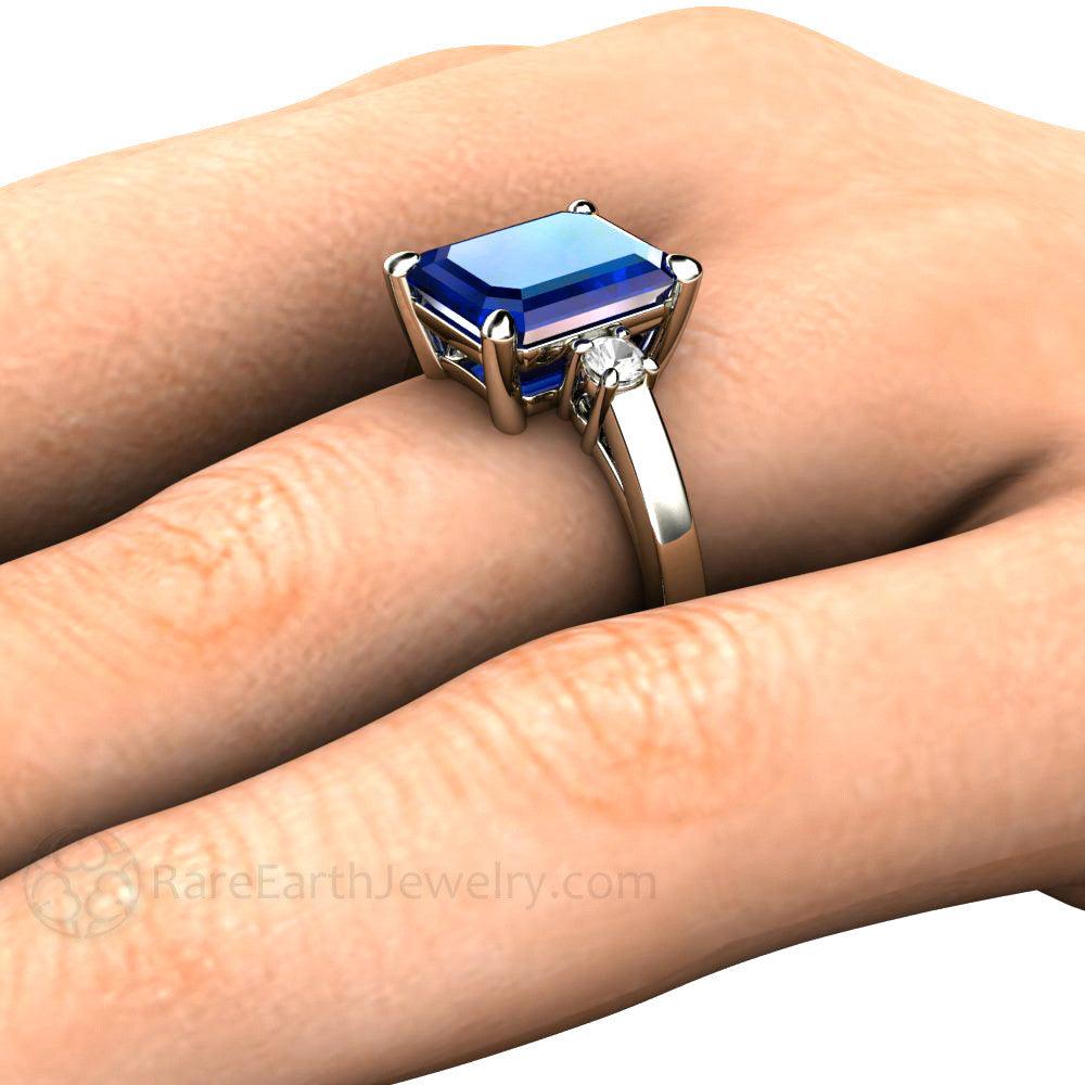 Emerald Cut Blue Sapphire Ring 3 Stone Engagement with Diamonds - Rare Earth Jewelry