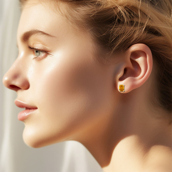 Emerald Cut Citrine Studs 7x5 Shown on the Ear Model, 14K Gold Citrine Stud Earrings