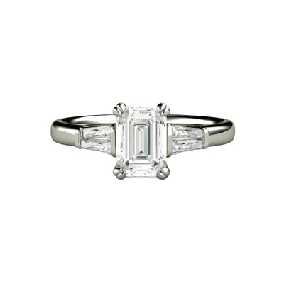 Emerald Cut Diamond Engagement Ring with Tapered Baguette Side Stones in 14K 18K Gold or Platinum - Rare Earth Jewelry