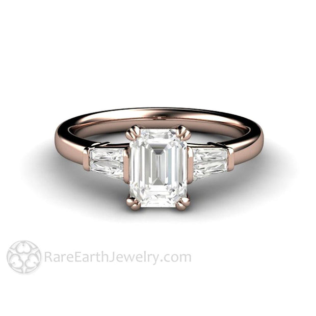 Emerald Cut Diamond Engagement Ring with Tapered Baguette Side Stones 14K Rose Gold - Rare Earth Jewelry