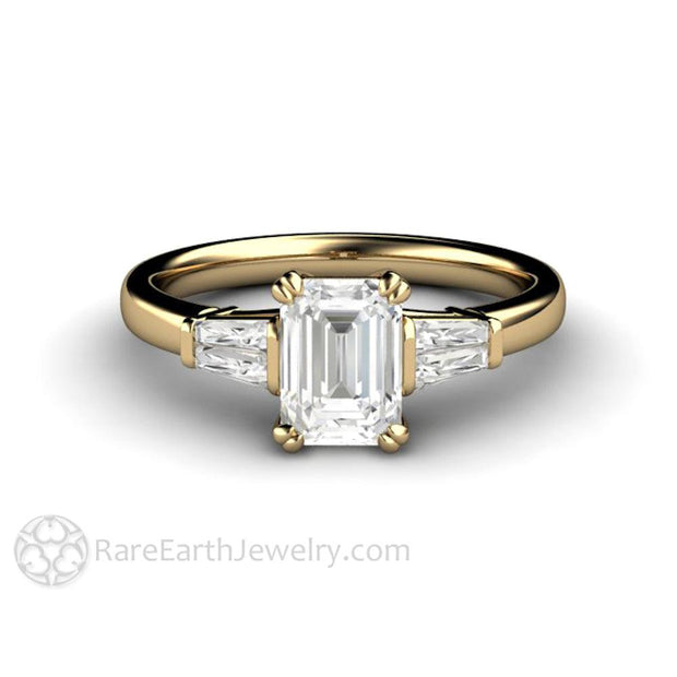 Emerald Cut Diamond Engagement Ring with Tapered Baguette Side Stones 14K Yellow Gold - Rare Earth Jewelry