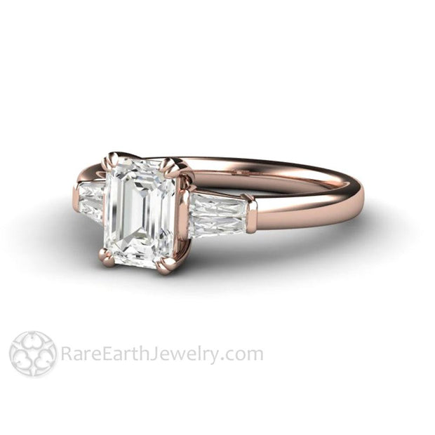 Emerald Cut Diamond Engagement Ring with Tapered Baguette Side Stones 18K Rose Gold - Rare Earth Jewelry