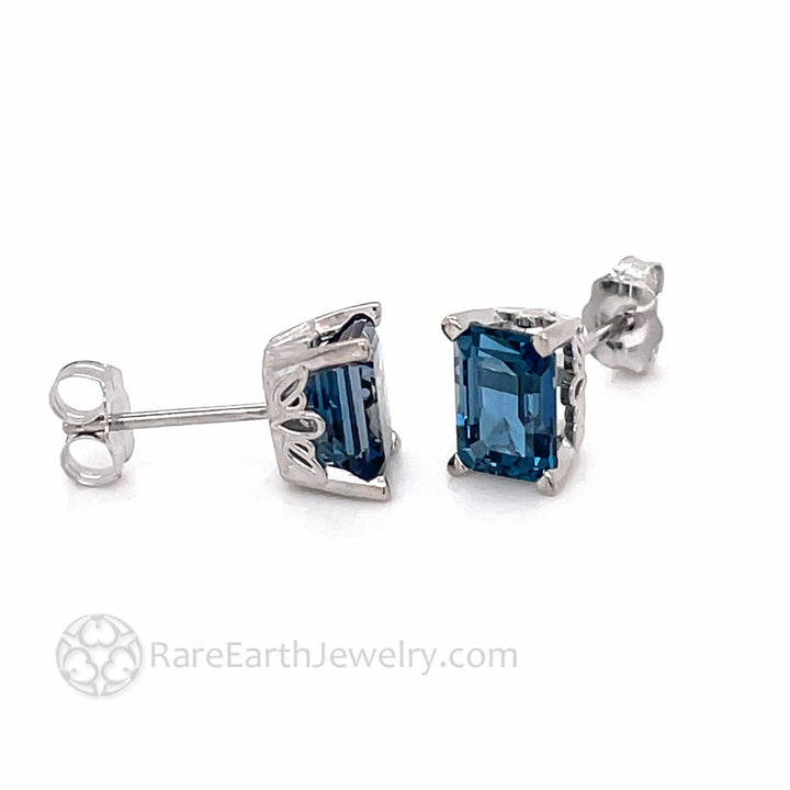 14K Gold London Blue Topaz Earrings Emerald Cut Studs - Rare Earth Jewelry