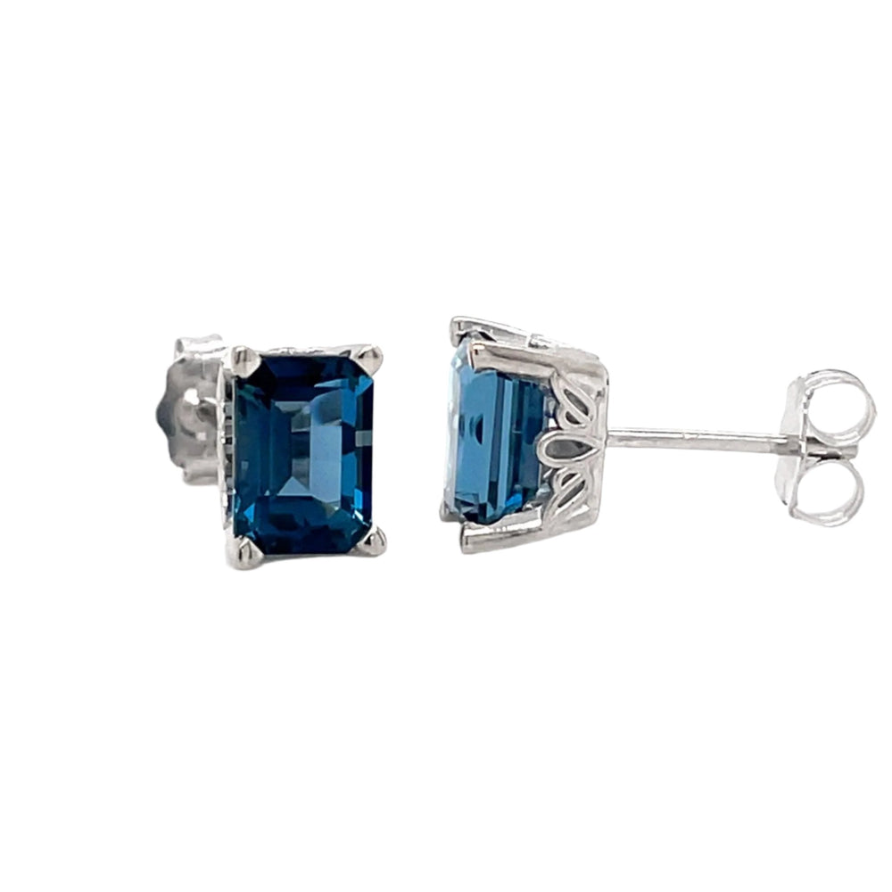 Emerald Cut London Blue Topaz Stud Earrings, 14K Blue Topaz Studs