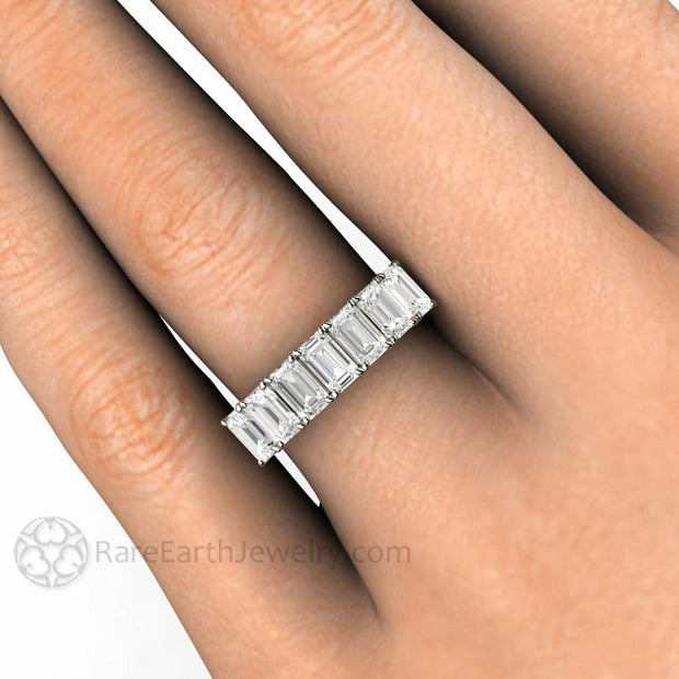 Emerald Cut Moissanite Anniversary Band or Wedding Ring Stackable 18K White Gold - Rare Earth Jewelry