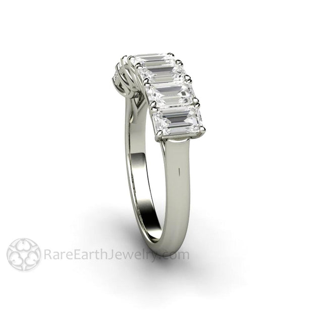 Emerald Cut Moissanite Anniversary Band or Wedding Ring Stackable 14K White Gold - Rare Earth Jewelry