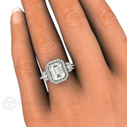 Emerald Cut Moissanite Engagement Ring 3 Stone Diamond Halo 14K Rose Gold - Engagement Only - Rare Earth Jewelry