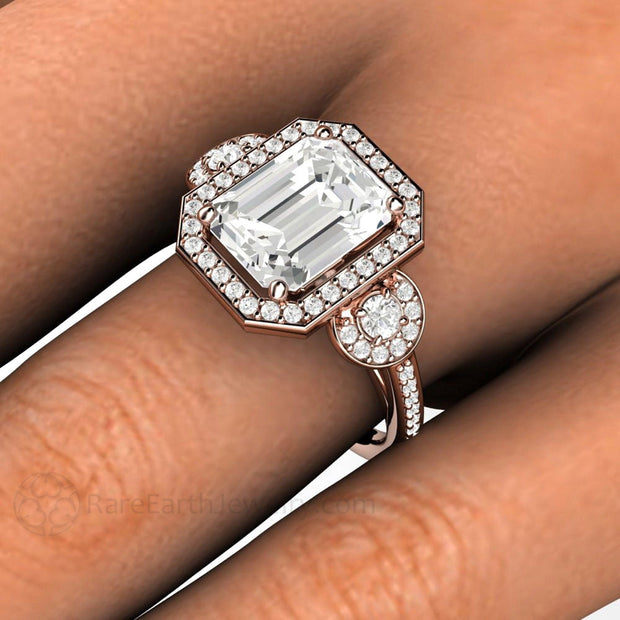 Emerald Cut Moissanite Engagement Ring 3 Stone Diamond Halo 14K Rose Gold - Engagement Only - Rare Earth Jewelry