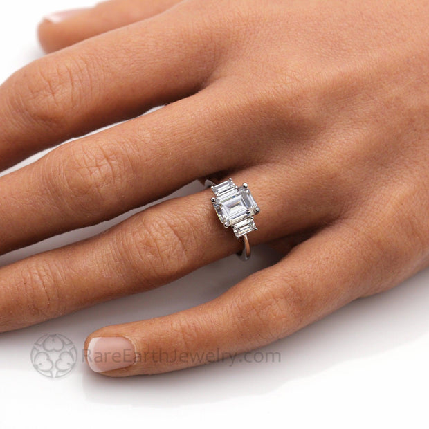 Emerald Cut Moissanite Three Stone Engagement Ring 18K White Gold - Rare Earth Jewelry