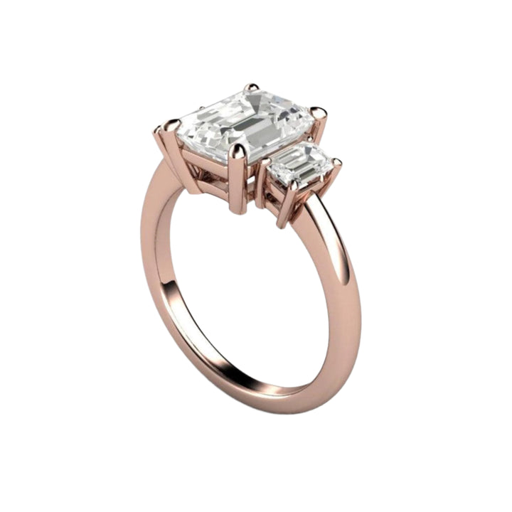 3 Stone Moissanite Emerald Cut Engagement Ring in Rose Gold, Affordable Lab Grown Diamond Alternatives | Rare Earth Jewelry