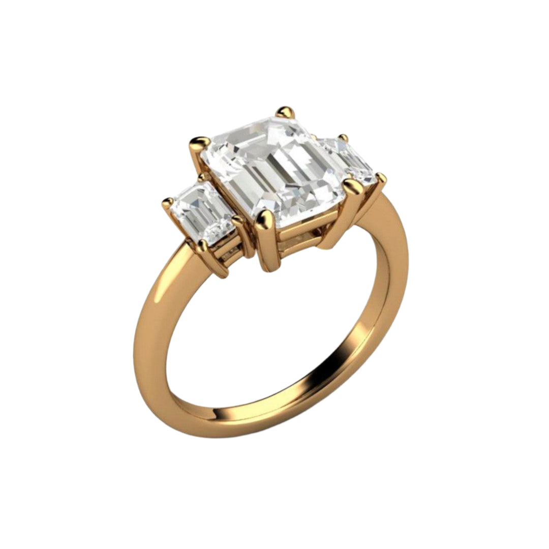 18K Yellow Gold 3 Stone Moissanite RIng, Moissanite Emerald Cut Engagement Ring | Rare Earth Jewelry