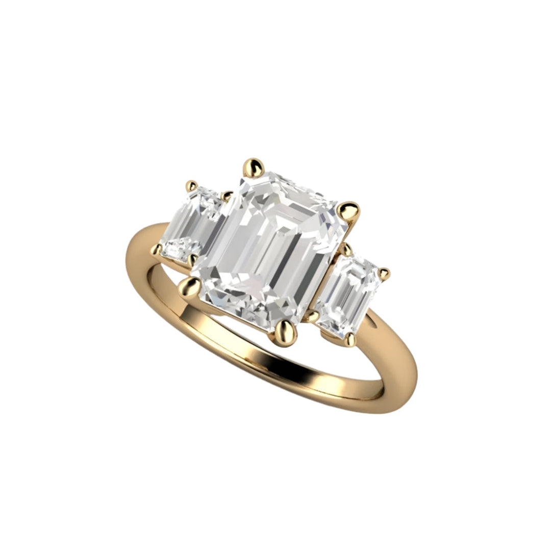 Moissanite 3 Stone Engagement Ring in 18K Yellow Gold with Emerald Cut Colorless Forever One Moissanite | Rare Earth Jewelry
