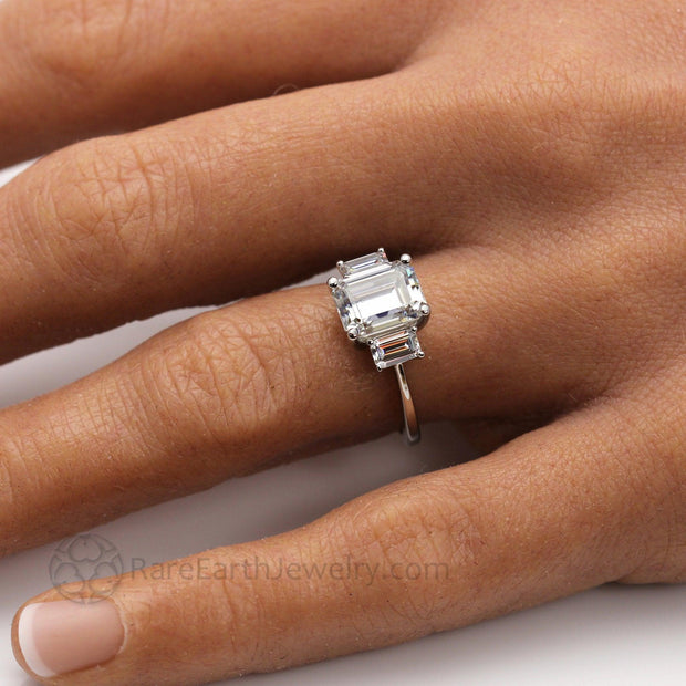 Emerald Cut Moissanite Three Stone Engagement Ring Platinum - Rare Earth Jewelry