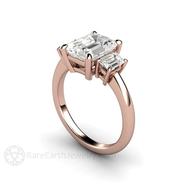 Emerald Cut Moissanite Three Stone Engagement Ring 18K Rose Gold - Rare Earth Jewelry