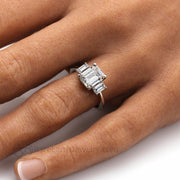 Emerald Cut Moissanite Three Stone Engagement Ring Platinum - Rare Earth Jewelry