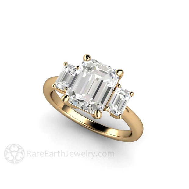 Emerald Cut Moissanite Three Stone Engagement Ring 14K Yellow Gold - Rare Earth Jewelry