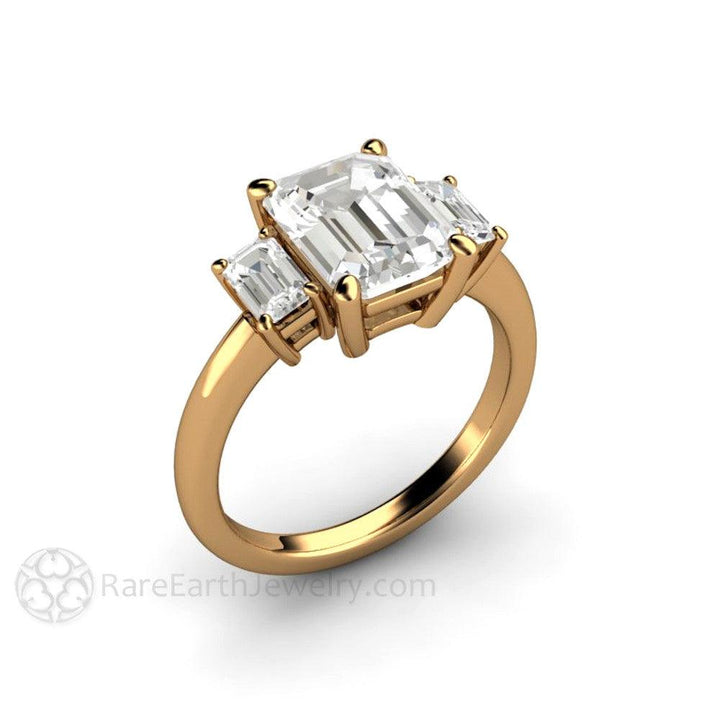 Emerald Cut Moissanite Three Stone Engagement Ring 18K Yellow Gold - Rare Earth Jewelry