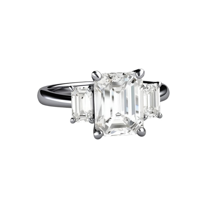 Emerald Cut Moissanite Engagement Ring in Platinum, 3 Stone Style Moissanite Ring | Rare Earth Jewelry