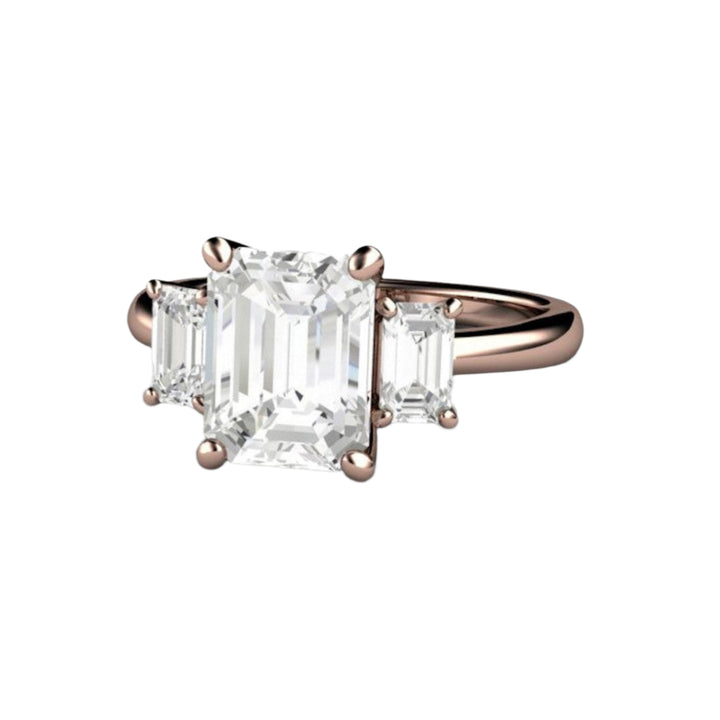 Rose Gold Emerald Cut Moissanite Engagement Ring with 3 Stone Design and Colorless Forever One Moissanite | Rare Earth Jewelry