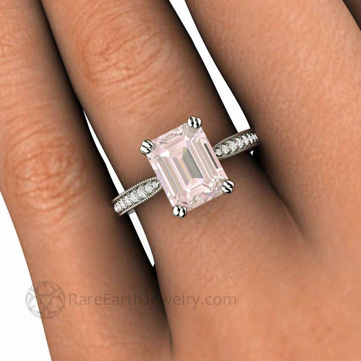 Emerald Cut Morganite Engagement Ring Vintage Style Accented Solitaire - Rare Earth Jewelry