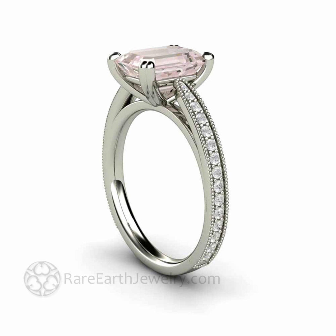 Emerald Cut Morganite Engagement Ring Vintage Style Accented Solitaire - Rare Earth Jewelry