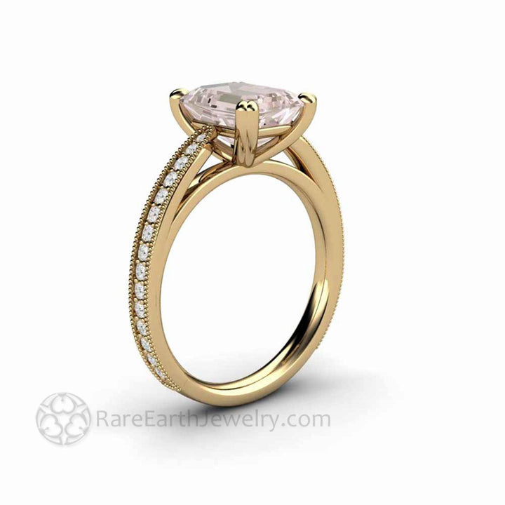 Emerald Cut Morganite Engagement Ring Vintage Style Accented Solitaire - Rare Earth Jewelry