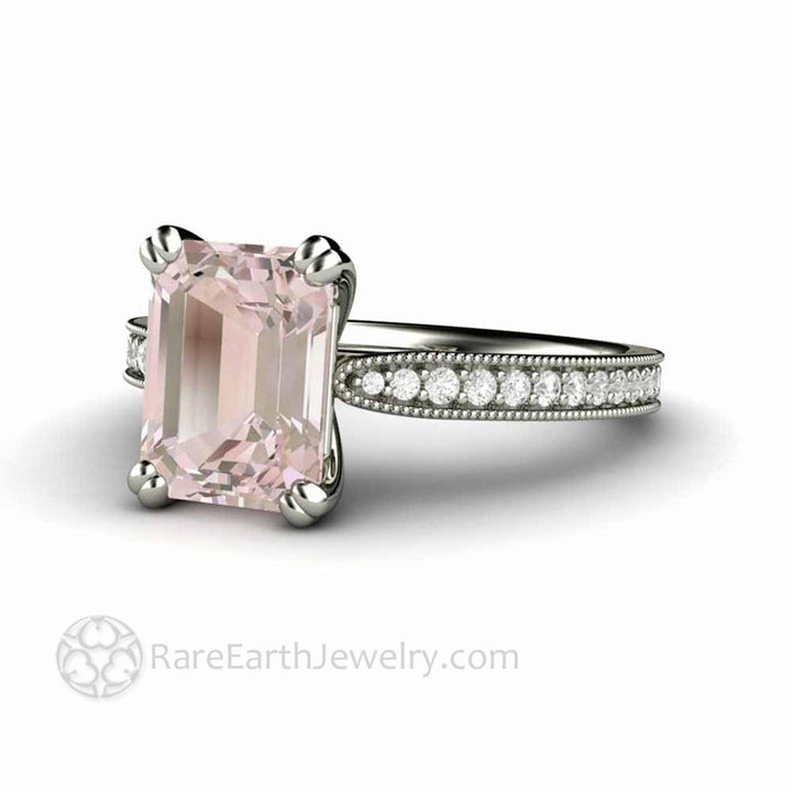 Emerald Cut Morganite Engagement Ring Vintage Style Accented Solitaire - Rare Earth Jewelry