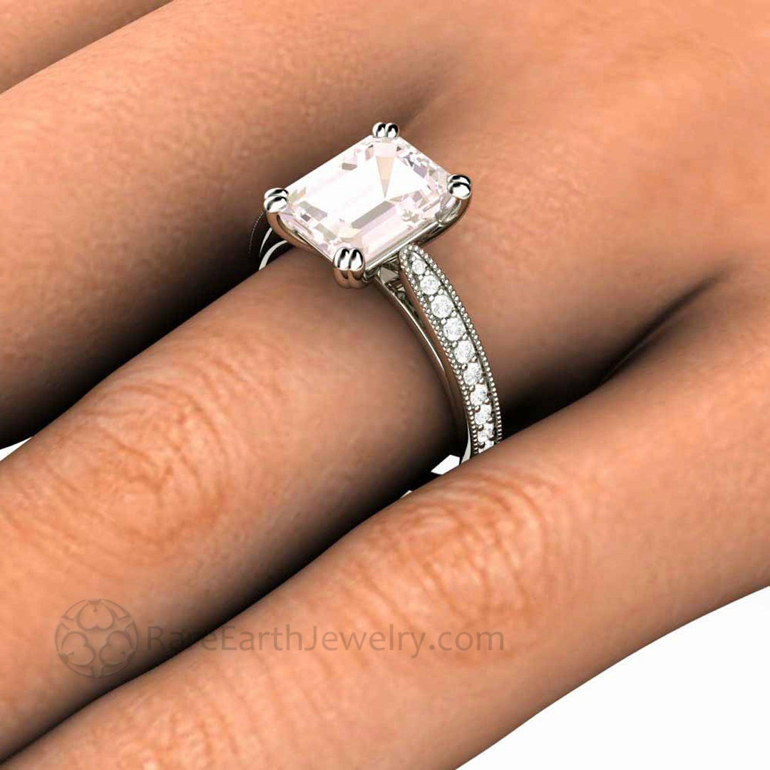 Emerald Cut Morganite Engagement Ring Vintage Style Accented Solitaire - Rare Earth Jewelry