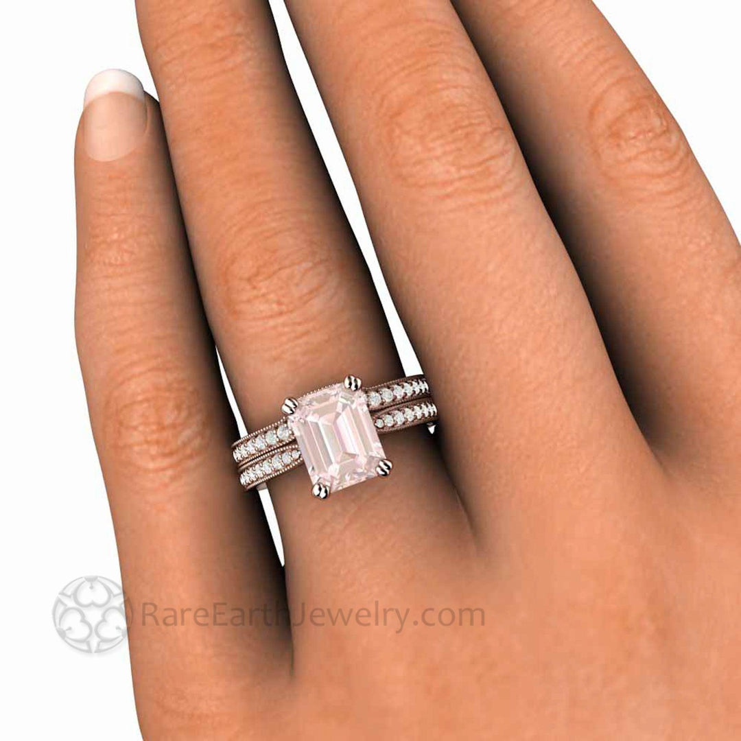 Emerald Cut Morganite Engagement Ring Vintage Style Accented Solitaire - Rare Earth Jewelry