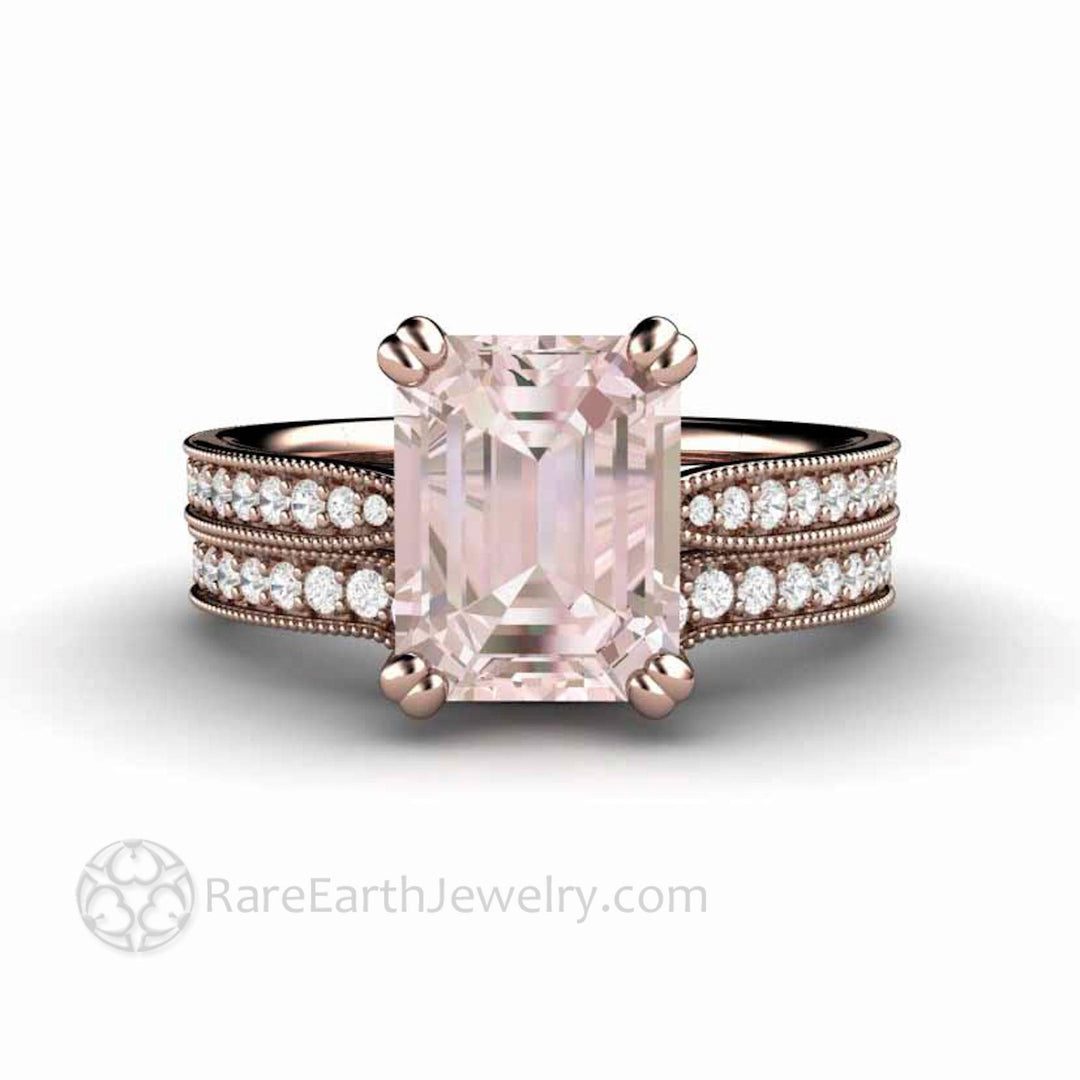 Emerald Cut Morganite Engagement Ring Vintage Style Accented Solitaire - Rare Earth Jewelry