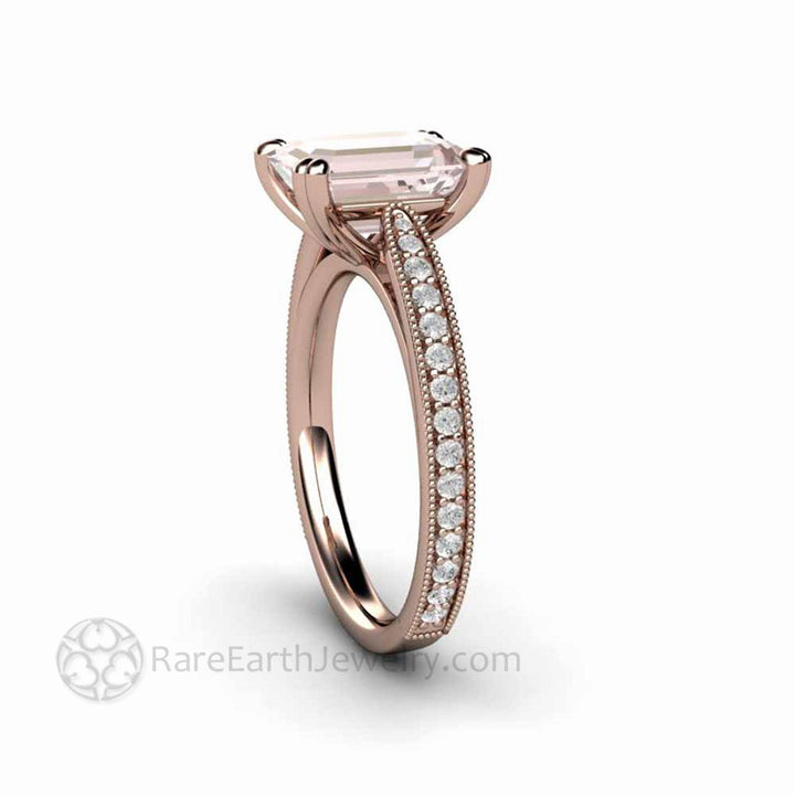 Emerald Cut Morganite Engagement Ring Vintage Style Accented Solitaire - Rare Earth Jewelry