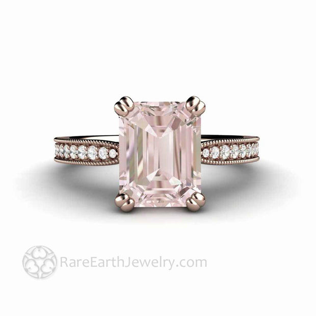 Emerald Cut Morganite Engagement Ring Vintage Style Morganite Solitaire 14K Rose Gold - Engagement Only - Rare Earth Jewelry