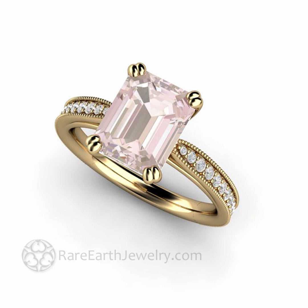 Emerald Cut Morganite Engagement Ring Vintage Style Accented Solitaire - Rare Earth Jewelry