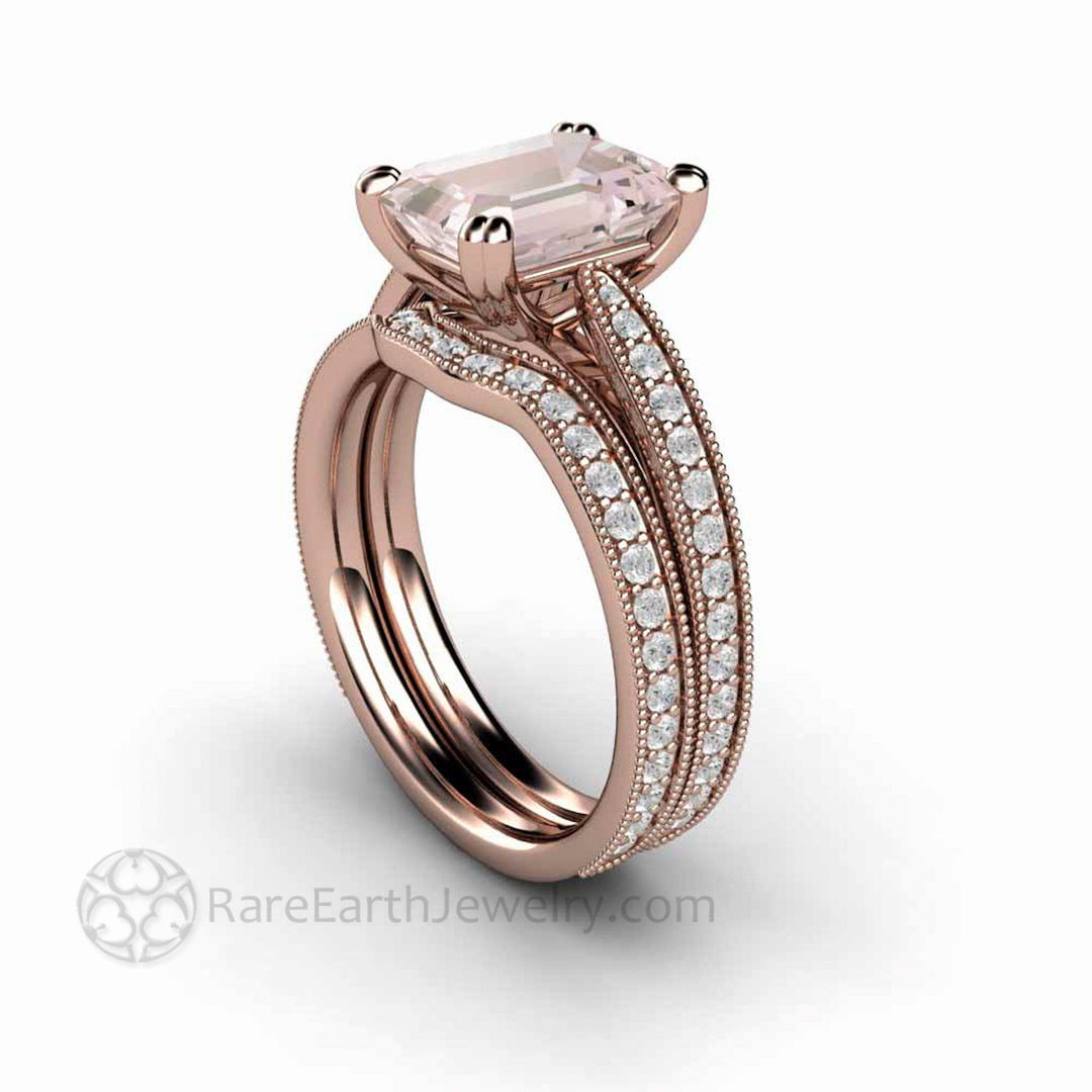 Emerald Cut Morganite Engagement Ring Vintage Style Accented Solitaire - Rare Earth Jewelry