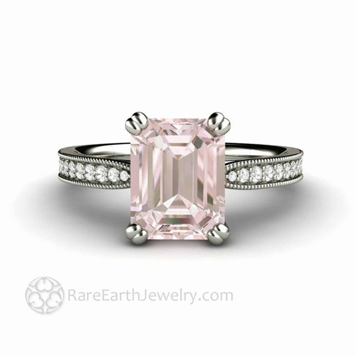 Emerald Cut Morganite Engagement Ring Vintage Style Accented Solitaire - Rare Earth Jewelry