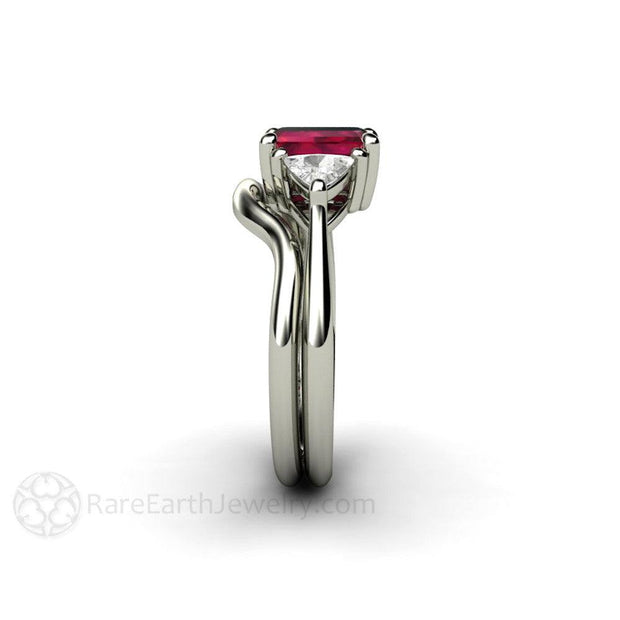 Emerald Cut Natural Ruby Engagement Ring Three Stone with Diamond Trillions 14K White Gold - Wedding Set - Rare Earth Jewelry