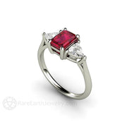 Emerald Cut Natural Ruby Engagement Ring Three Stone with Diamond Trillions 18K White Gold - Engagement Only - Rare Earth Jewelry