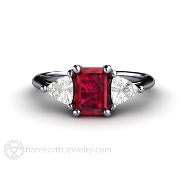 Emerald Cut Natural Ruby Engagement Ring Three Stone with Diamond Trillions Platinum - Engagement Only - Rare Earth Jewelry