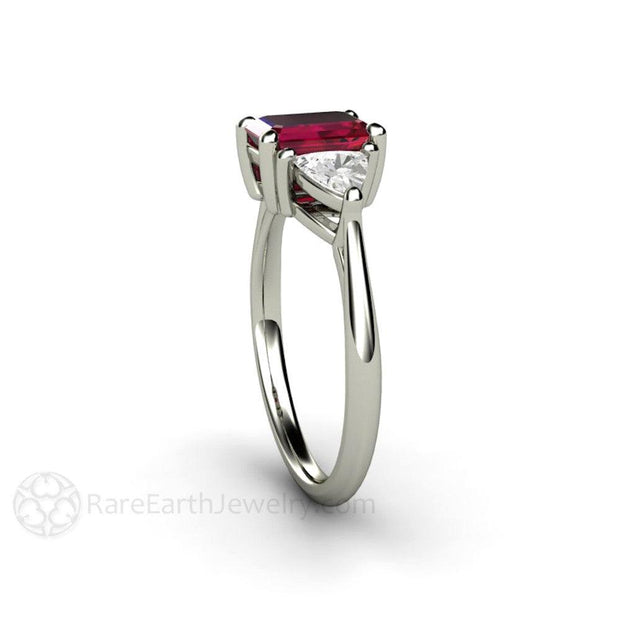 Emerald Cut Natural Ruby Engagement Ring Three Stone with Diamond Trillions 18K White Gold - Engagement Only - Rare Earth Jewelry
