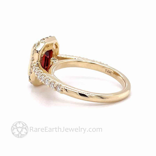 Emerald Cut Red Garnet Engagement Ring Bezel Set Pave Diamond Halo 14K Yellow Gold - Engagement Only - Rare Earth Jewelry