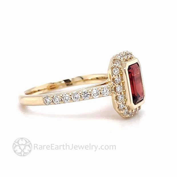 Emerald Cut Red Garnet Engagement Ring Bezel Set Pave Diamond Halo 14K Yellow Gold - Engagement Only - Rare Earth Jewelry