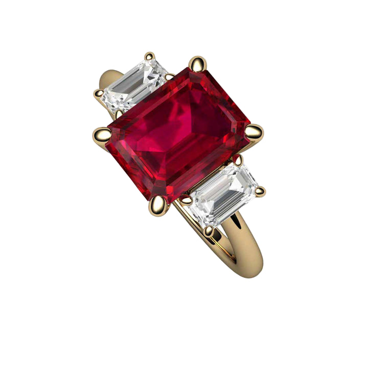 Emerald Cut Ruby Engagement Ring  in 14K Yellow Gold | 3 Stone Ruby Ring with Lab Grown Diamond Accents |  Rare Earth Jewelry