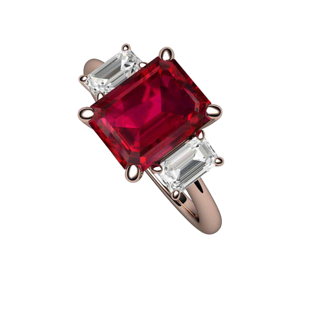 Emerald Cut Ruby Engagement Ring  in 14K Rose Gold | 3 Stone Ruby Ring with Lab Grown Diamond Accents |  Rare Earth Jewelry