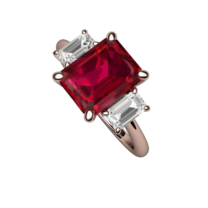 Emerald Cut Ruby Engagement Ring  in 14K Rose Gold | 3 Stone Ruby Ring with Lab Grown Diamond Accents |  Rare Earth Jewelry