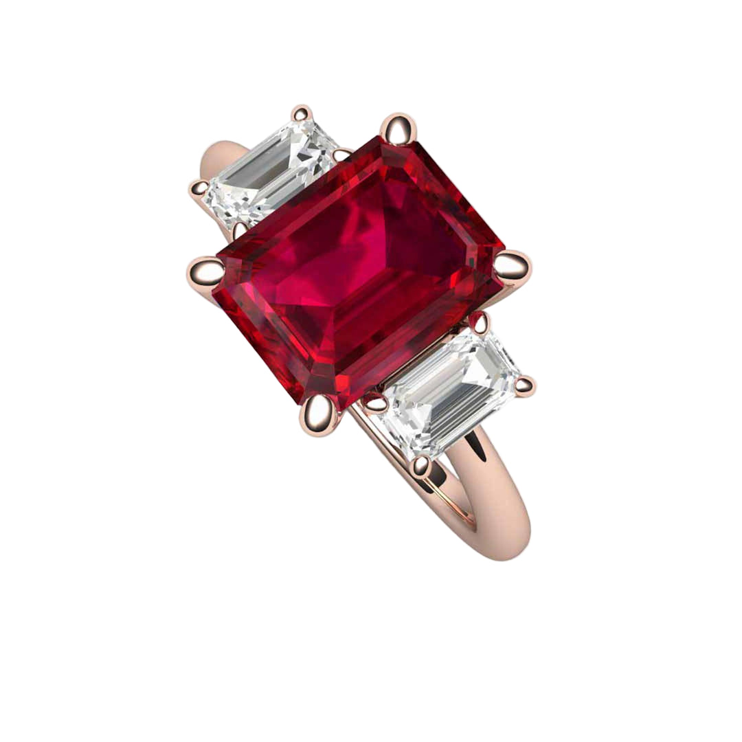 Emerald Cut Ruby Engagement Ring  in 18K Rose Gold | 3 Stone Ruby Ring with Lab Grown Diamond Accents |  Rare Earth Jewelry
