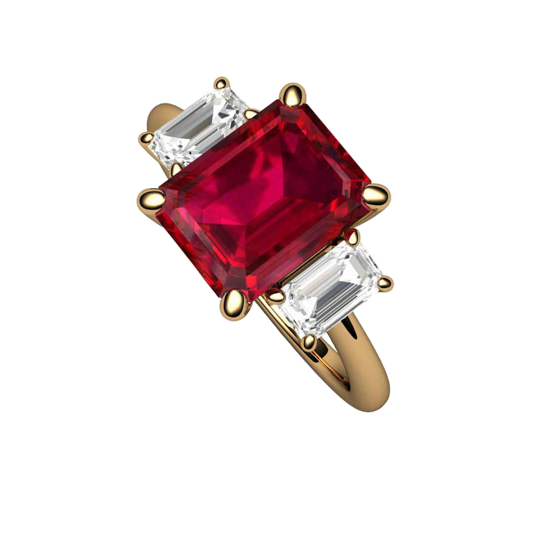 Emerald Cut Ruby Engagement Ring  in 18K Yellow Gold | 3 Stone Ruby Ring with Lab Grown Diamond Accents |  Rare Earth Jewelry
