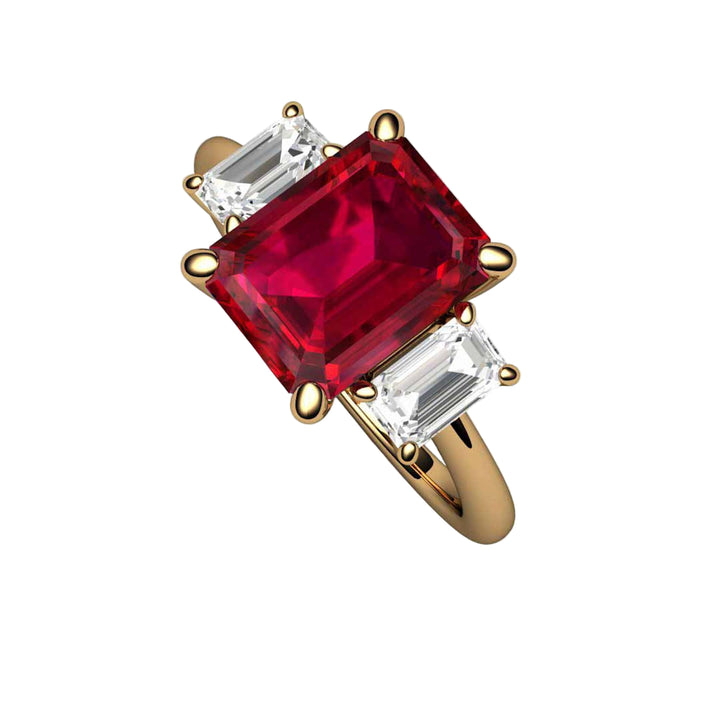 Emerald Cut Ruby Engagement Ring  in 18K Yellow Gold | 3 Stone Ruby Ring with Lab Grown Diamond Accents |  Rare Earth Jewelry