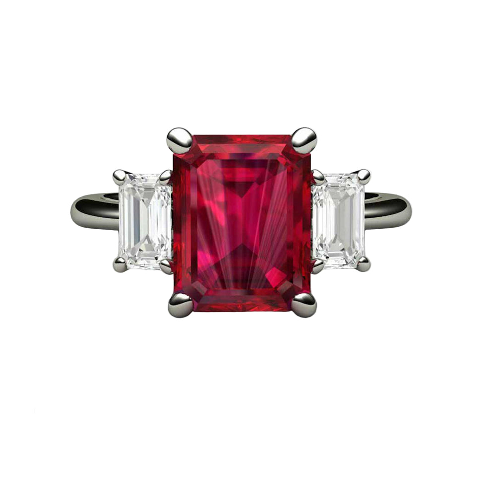 Emerald Cut Ruby Engagement Ring | 3 Stone Ruby Ring with Lab Grown Diamond Accents, July Birthstone Ring |  Rare Earth Jewelry