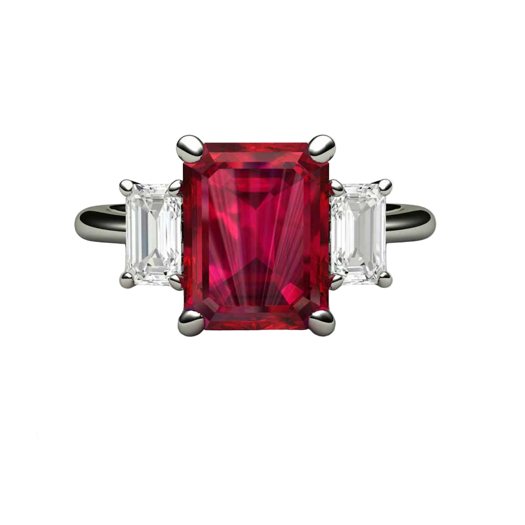 Emerald Cut Ruby Engagement Ring | 3 Stone Ruby Ring with Lab Grown Diamond Accents, July Birthstone Ring |  Rare Earth Jewelry